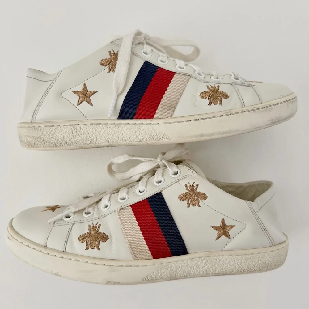 GUCCI || Ace‎ White Leather Embroidered Bee Star Sneakers Collapsible Heel EU 36